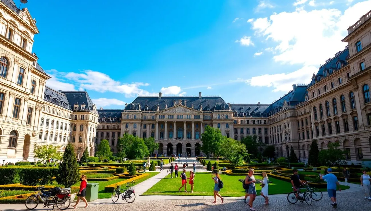 University of Vienna historic building with students walking and biking through the manicured central courtyard garden.