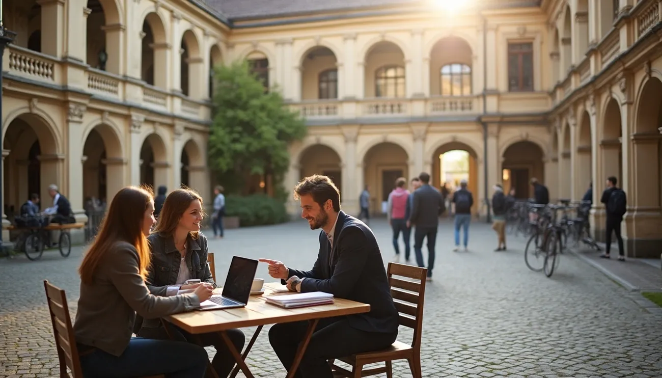 Three students studying together at a table in a historic university courtyard in Austria during daytime.